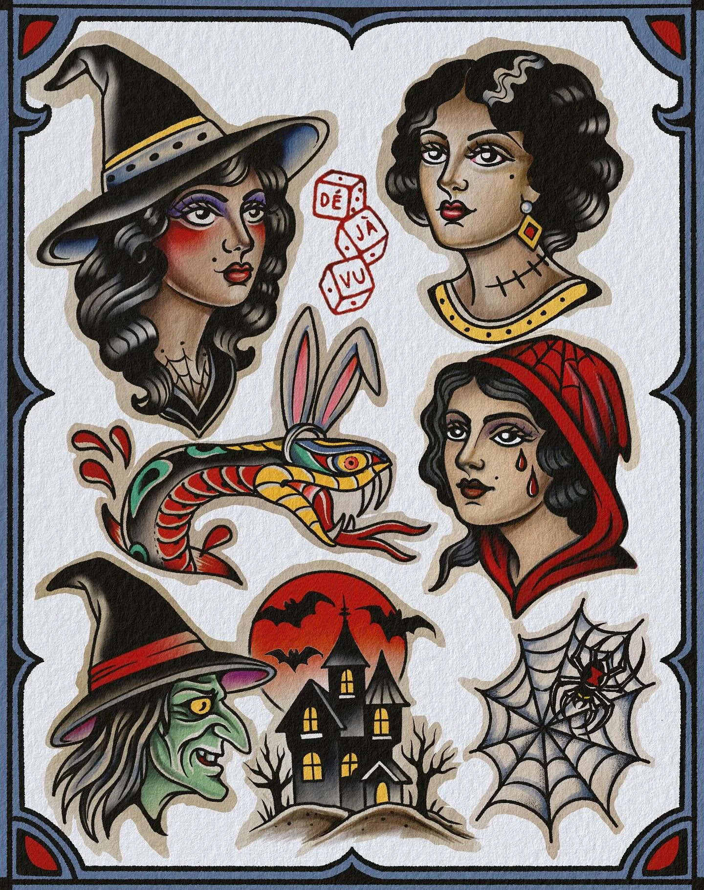 HALLOWEEN FLASH !! 2 SHEETS FULL (scroll >) 
 for $150-$250 each design &amp; both can be color or black and grey depending on your style! 
I will be doing flash tattoos for a discounted rate ONLY OCT 30th 31st &amp; Nov 1st 
😎after that these ar