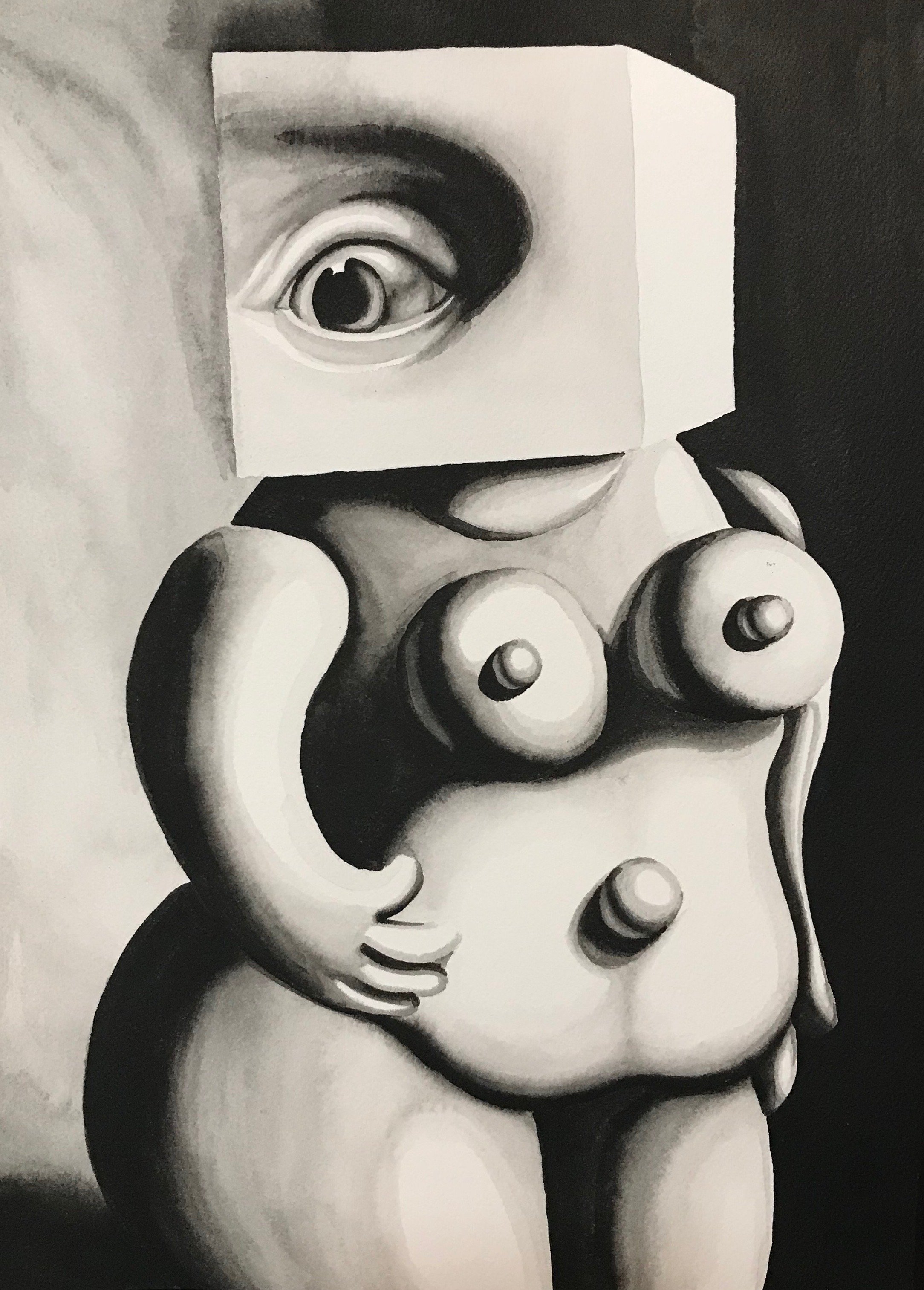 Worried . 2020 . 9" x 12" . Acrylic ink on watercolor papel mounted panel
