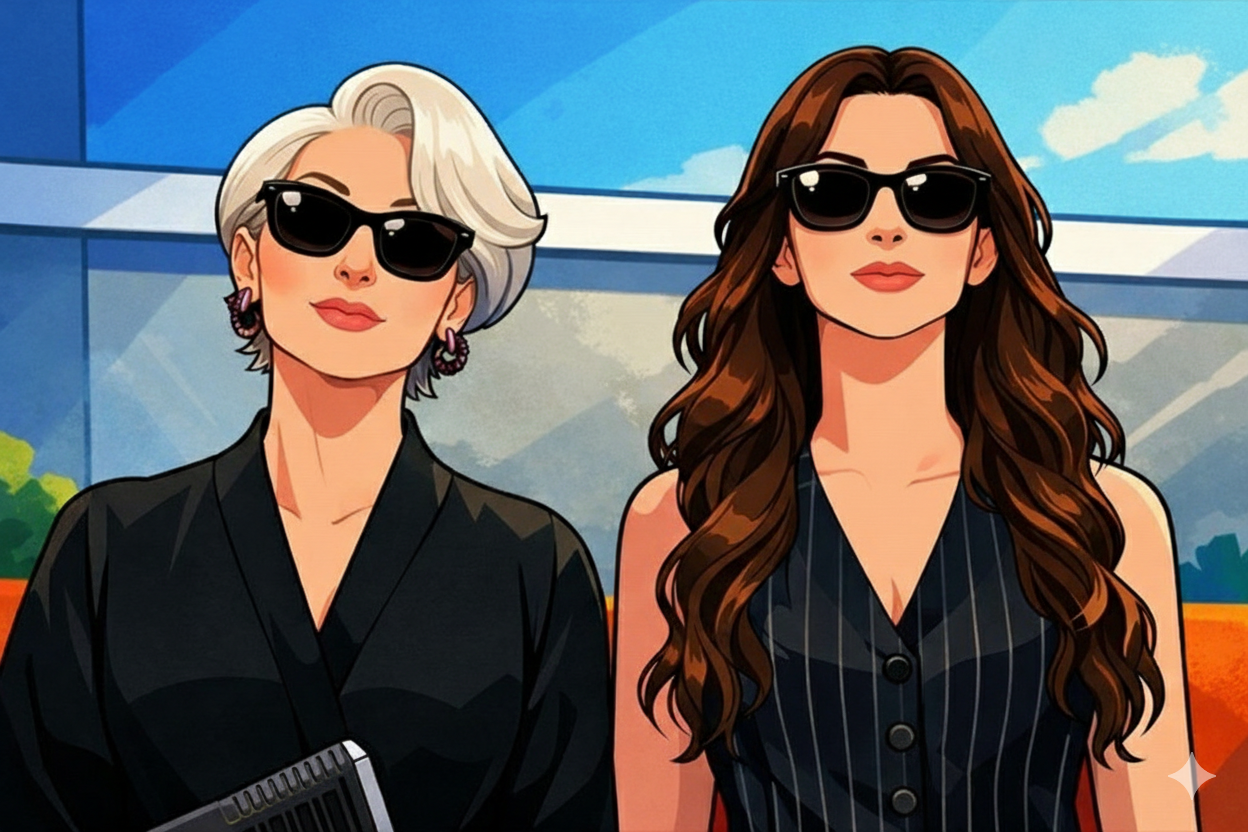Meryl Streep as Miranda Priestly and Anne Hathaway as Andy Sachs in the Runway office, highlighting the iconic set decoration and professional interior design.