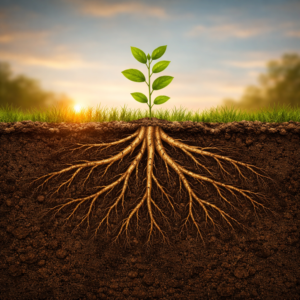 image of root system and tree growing upwards