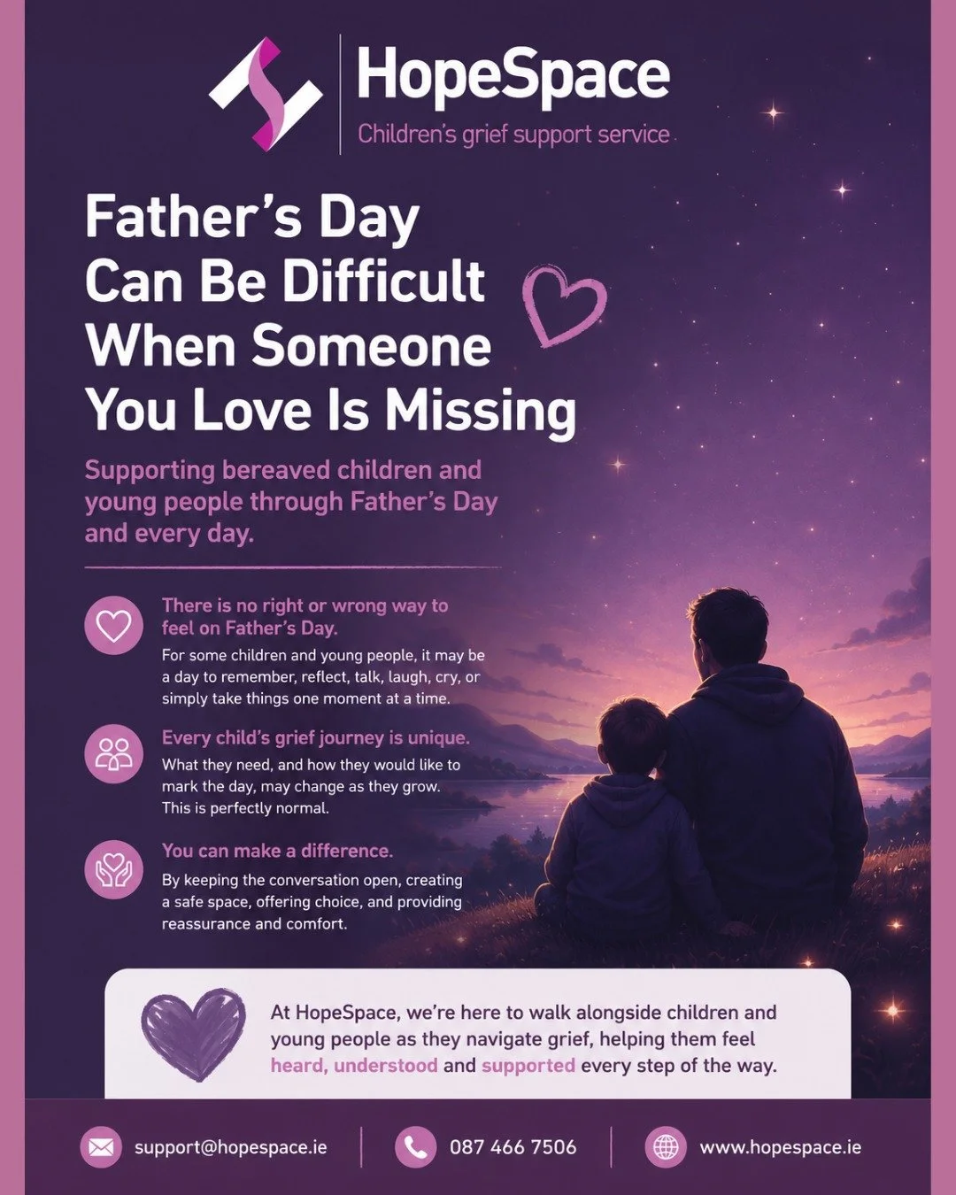 💜 Father&rsquo;s Day Can Be Difficult When Someone You Love Is Missing 💜

For bereaved children and young people, Father&rsquo;s Day can bring many emotions. Whether the loss happened recently or many years ago, grief changes as children grow and d