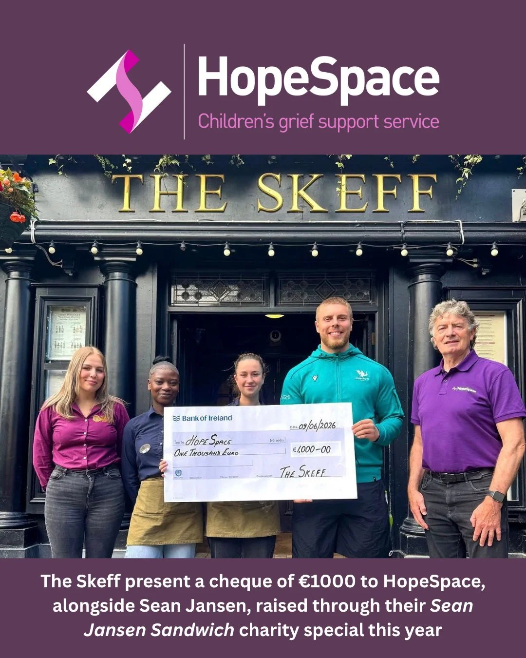 A heartfelt thank you to The Skeff and Connacht Rugby star Sean Jansen for their incredible support of HopeSpace. 💜

We are deeply grateful to receive this generous &euro;1,000 donation, raised through the Sean Jansen Sandwich charity special. This 
