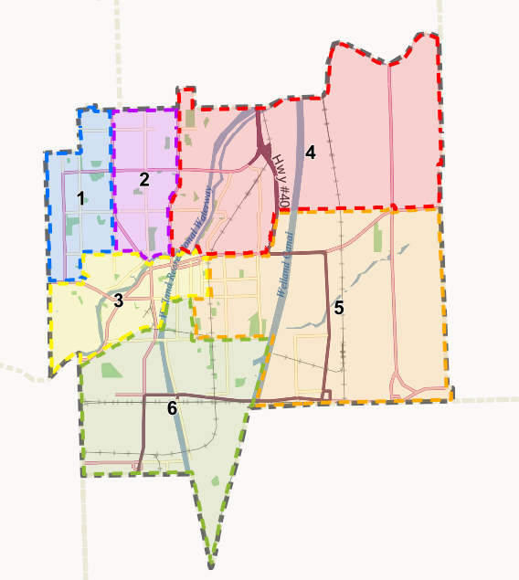 Color-coded map of six neighborhoods within a city, numbered 1 to 6, with boundary lines separating each area.