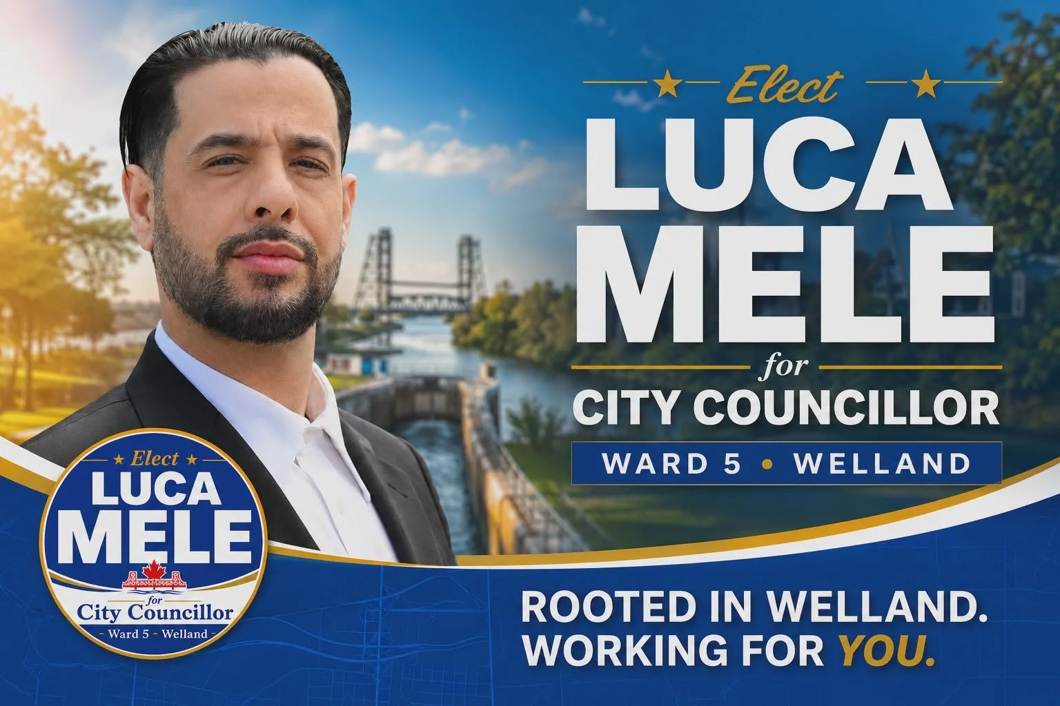 Luca Mele campaign poster with a photo of Luca Mele, a bearded man in a dark suit, against a river and bridge background. The poster includes slogans like "Elect Luca Mele for City Councillor," "Rooted in Welland," and "Working for You," with blue and gold design elements.