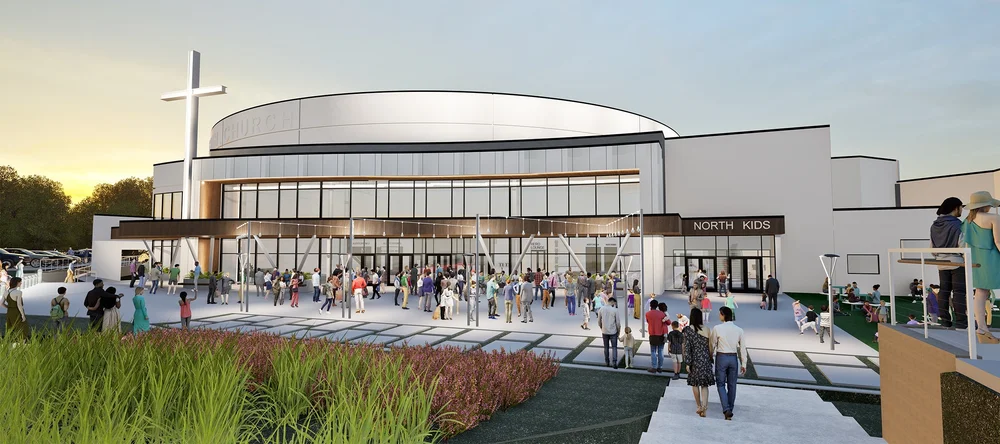 Night exterior rendering for North Church by RAD Collaborative