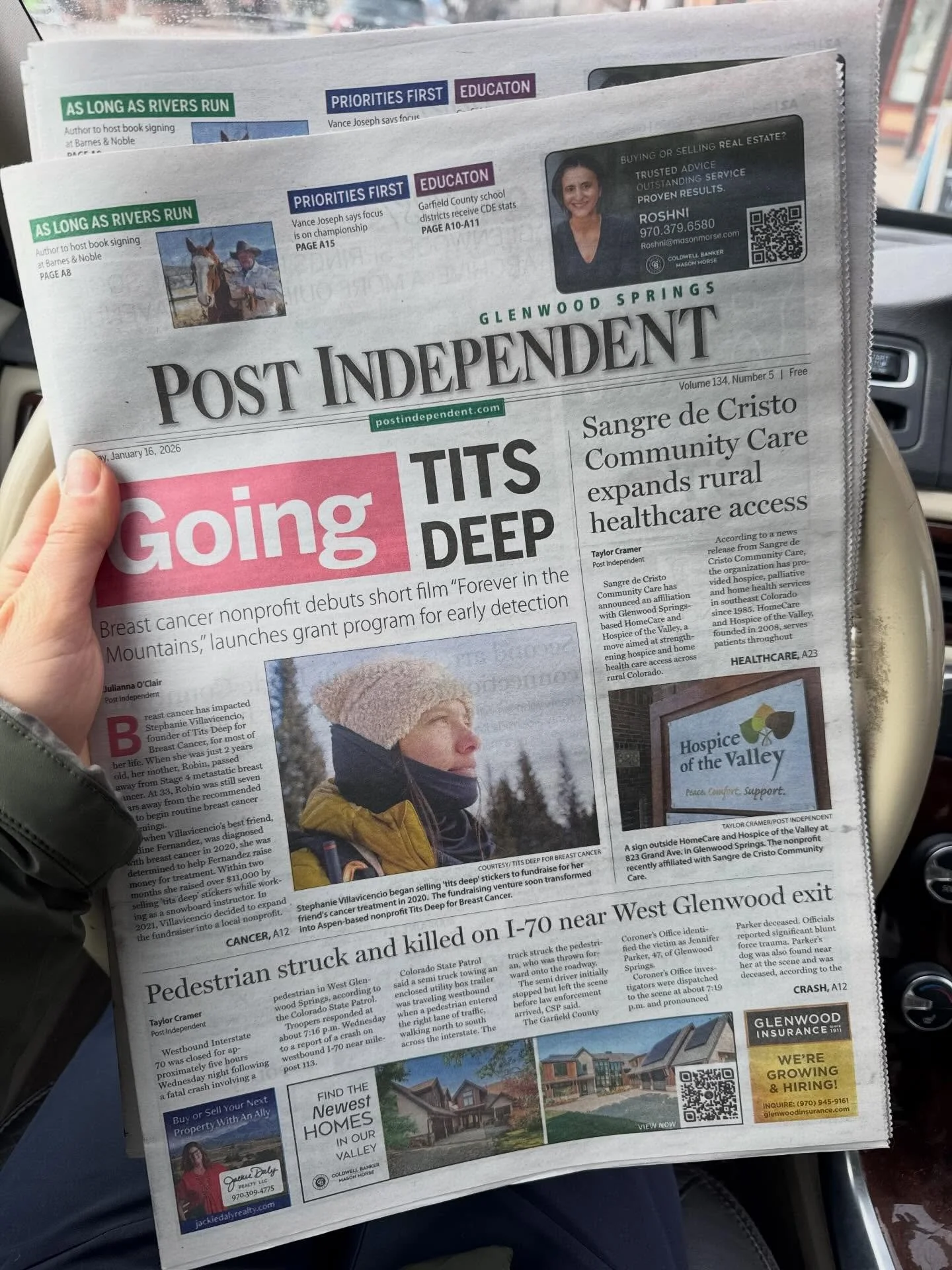 Thank you to the Glenwood Springs Post Independent for the front page write-up on our film and Tits Deep&rsquo;s new grants program for early detection screenings!!! 📰 Forever in the Mountains was filmed in Glenwood Springs, so we&rsquo;re thrilled 