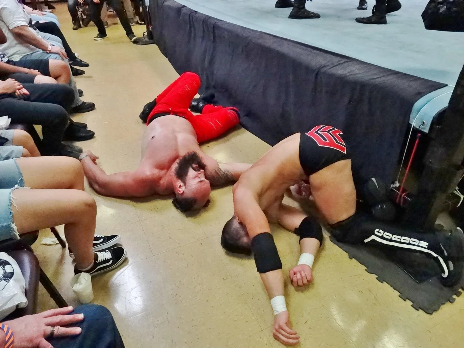 Pro wrestler down at ringside after a bump