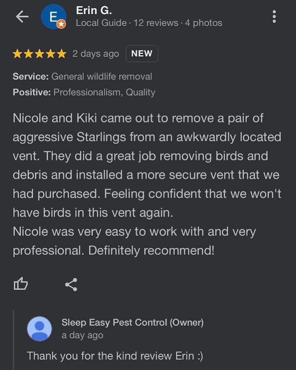 FEEDBACK FRIDAY 

⭐️ ⭐️ ⭐️ ⭐️ ⭐️ 

Thank You Erin G for sharing your experience with Sleep Easy Pest Control! We appreciate hearing from our clients.