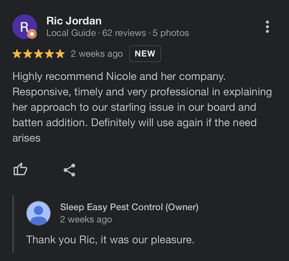 FEEDBACK FRIDAY 

⭐️ ⭐️ ⭐️ ⭐️ ⭐️ 

Thank You Ric Jordan for sharing your experience with Sleep Easy Pest Control! We appreciate hearing from our clients.