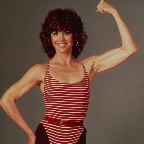 Iconic Jane Fonda looks stylish and shows what a good total body aerobics workout will do for muscle tone and a fit physique even as you move through your 30s and into your 40s. 
Did you know she was 45 years old when she released her first workout t