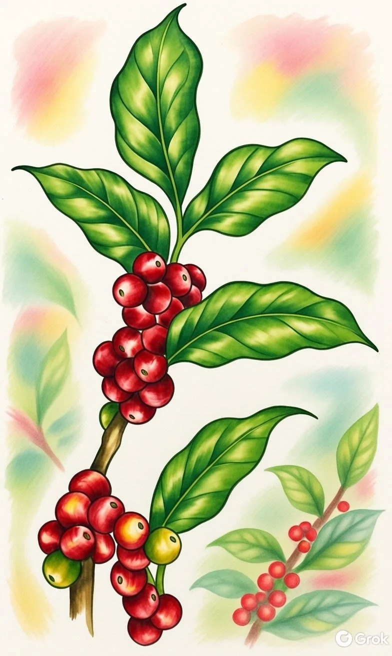 Coffee shrub leaves and cherries