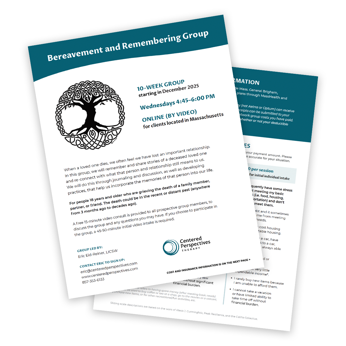 centered perspectives bereavement and remembering group flyer for Eric Eid-Reiner's Fall 2026 group
