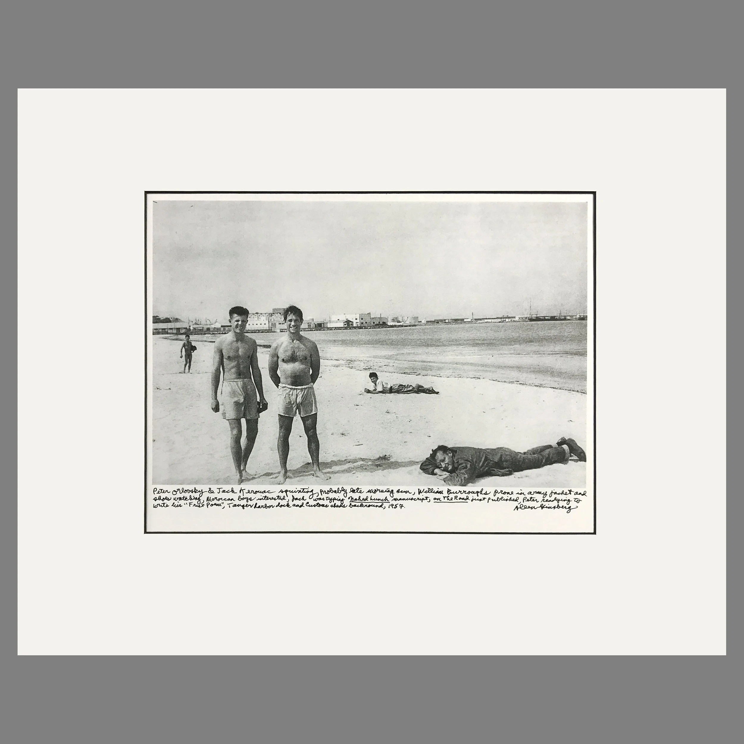 Peter Orlovsky, Jack Kerouac & William Burroughs, Beach, Tanger 1957 - Allen Ginsberg Photographer - Matted Print 16 x 20