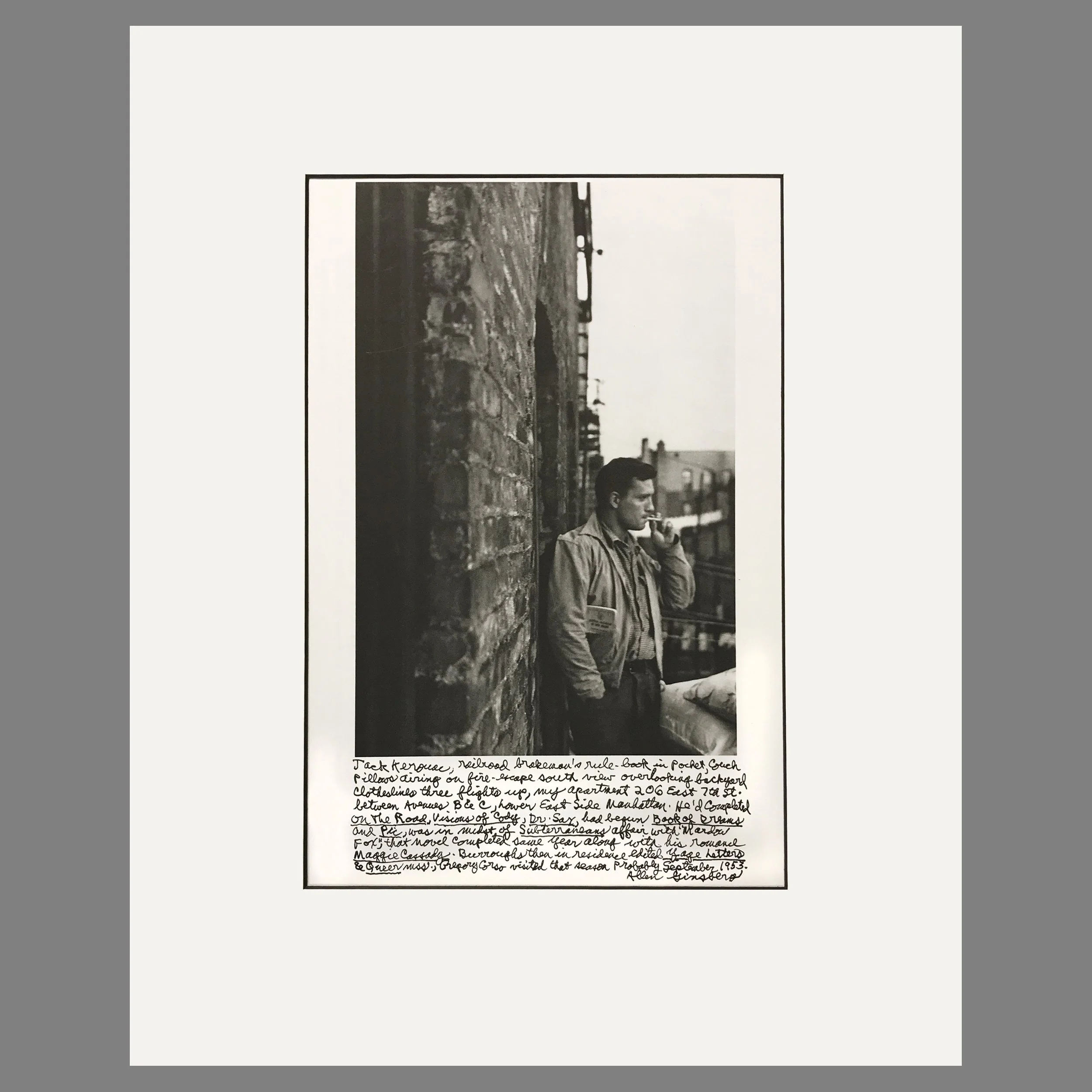 Jack Kerouac, Fire Escape Lower East Side , NYC 1953 - Allen Ginsberg Photograph - Matted Print 16 x 20 Inches