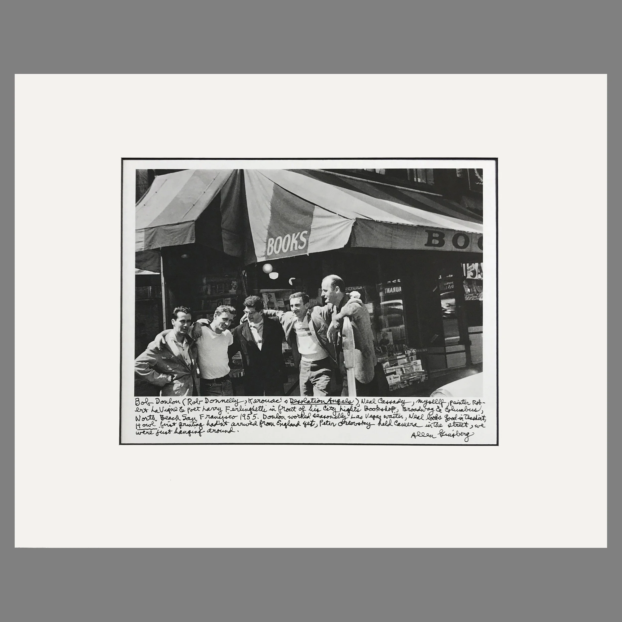 City Lights Bookstore, Donlon, Kerouac, Cassady, Ginsberg, LaVigne & Ferlinghetti - Allen Ginsberg Photograph - 16 x 20 Matted Print