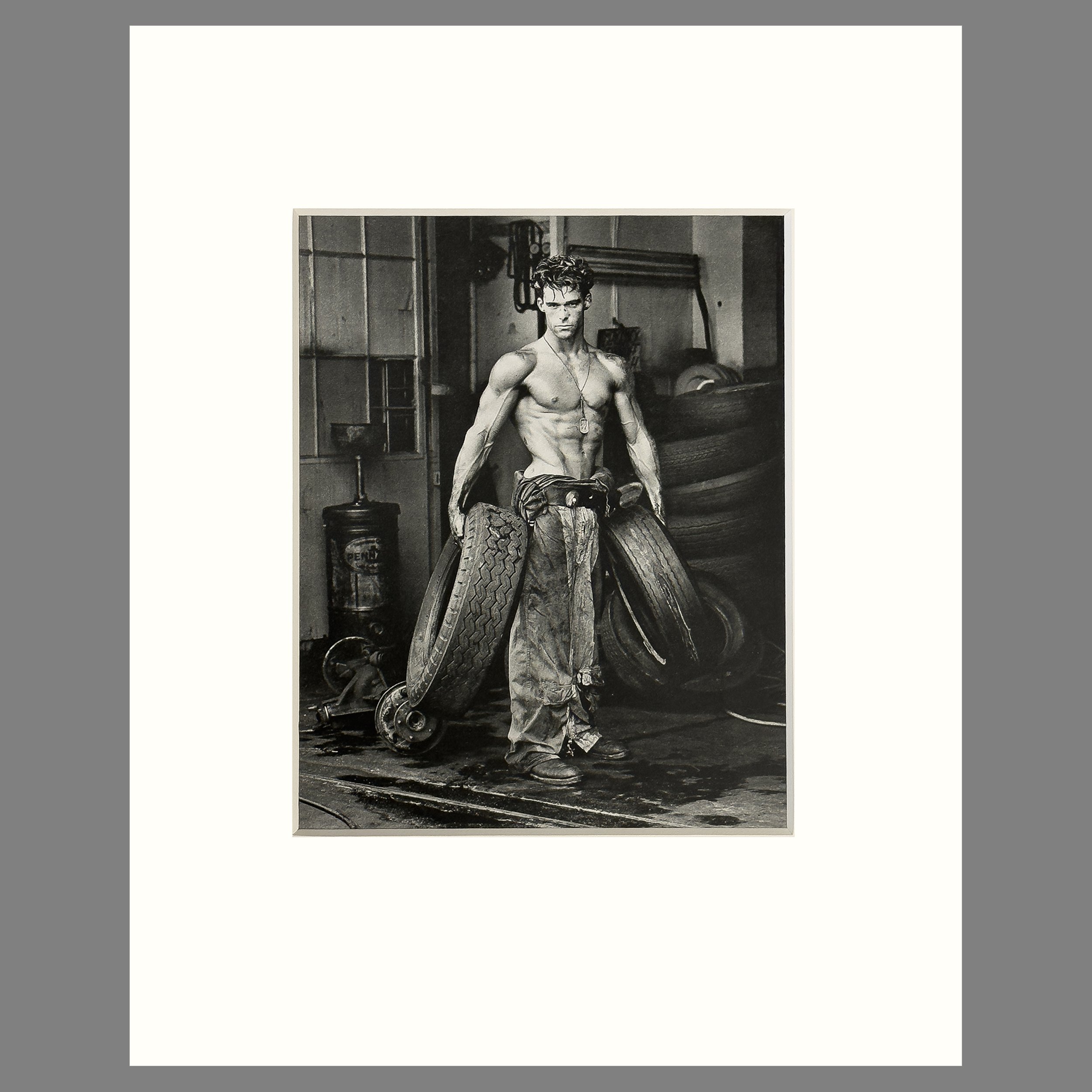 Herb Ritts - Fred With Tires "Bodyshop Series" Hollywood, 1984 - 8 Ply Conservation Matted Photogravure Print, 16 x 20
