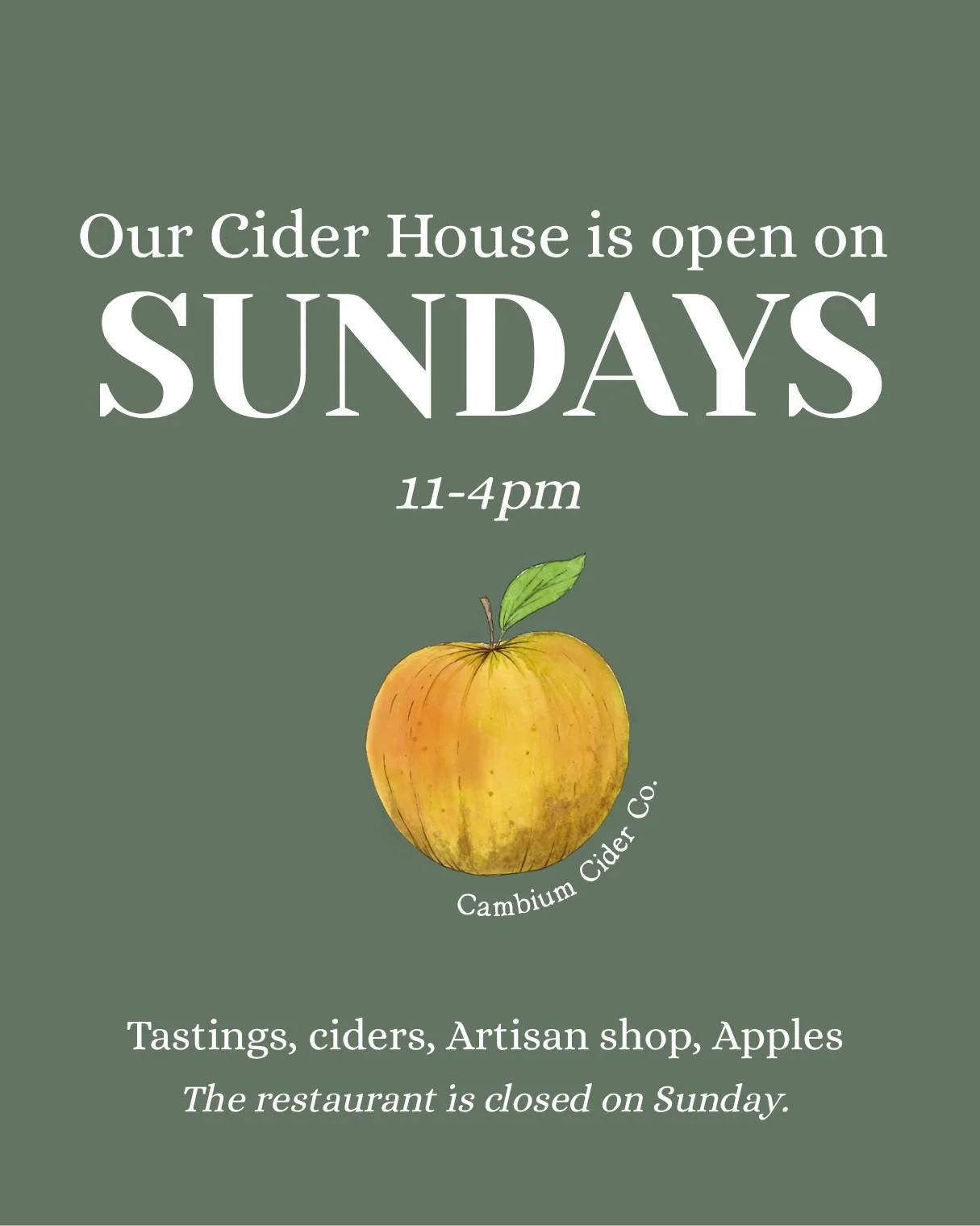 CIDERHOUSE UPDATE!
Swing by our Ciderhouse on Sundays for a tasting, to pick up some bottles, or to get a head start on your Christmas gifts!
Open from 11am to 4pm.
Please note: the restaurant is now closed on Sundays.
Hours of Operation
Thursday