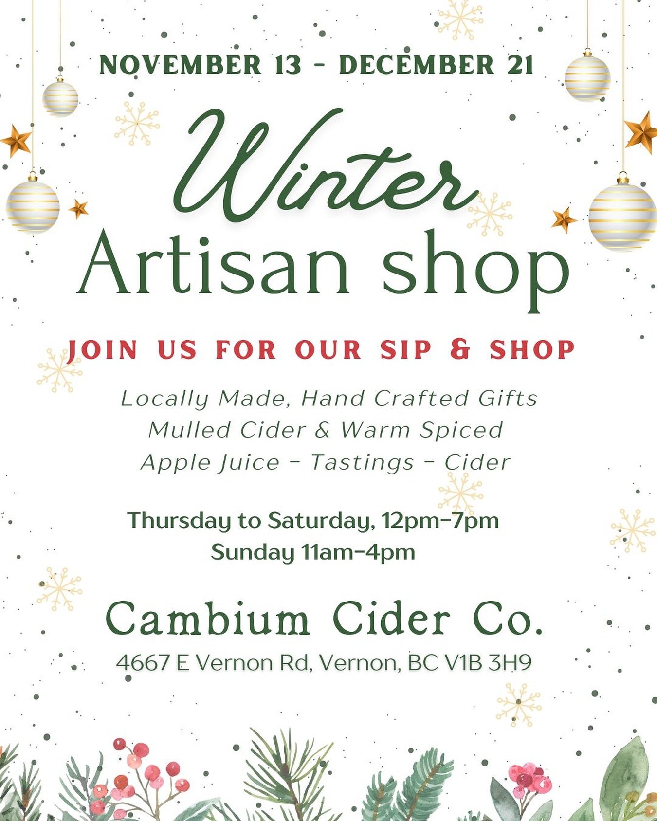 COME SIP &amp; SHOP AT CAMBIUM! 🎄

Our Artisan Shop is back next week, from November 13 to December 21, featuring over 30 talented local artists, makers, and creators.  Join us for a cozy afternoon, as you explore their handcrafted creations. 

Whil