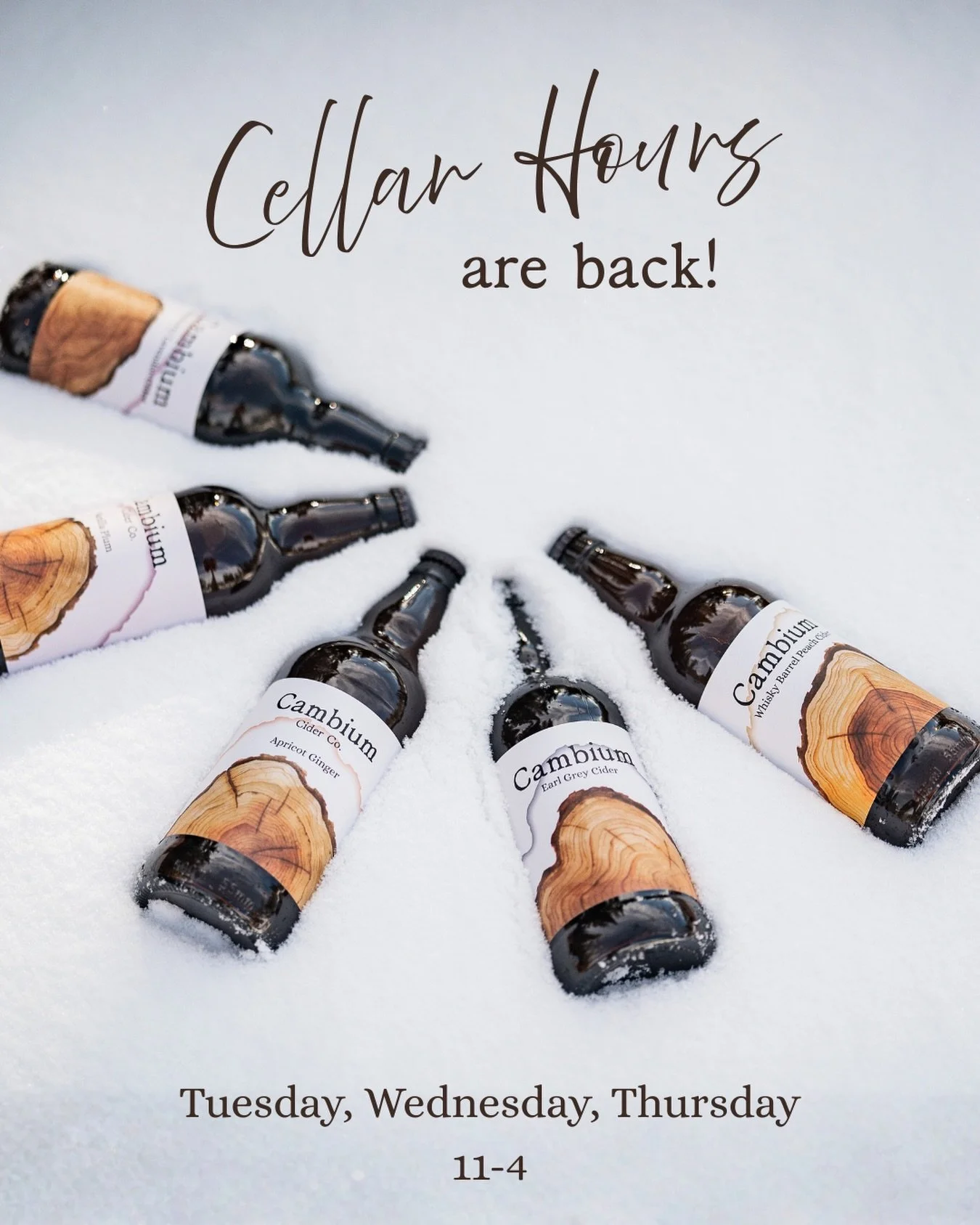 Snow is back &hellip; and so are our Cellar Hours 🍻

Are you missing your Cambium fix? 

While we are not yet open regular hours for tastings or the restaurant, you can come stock up on your favourite bottles to take home and enjoy. 
Hours are Tuesd