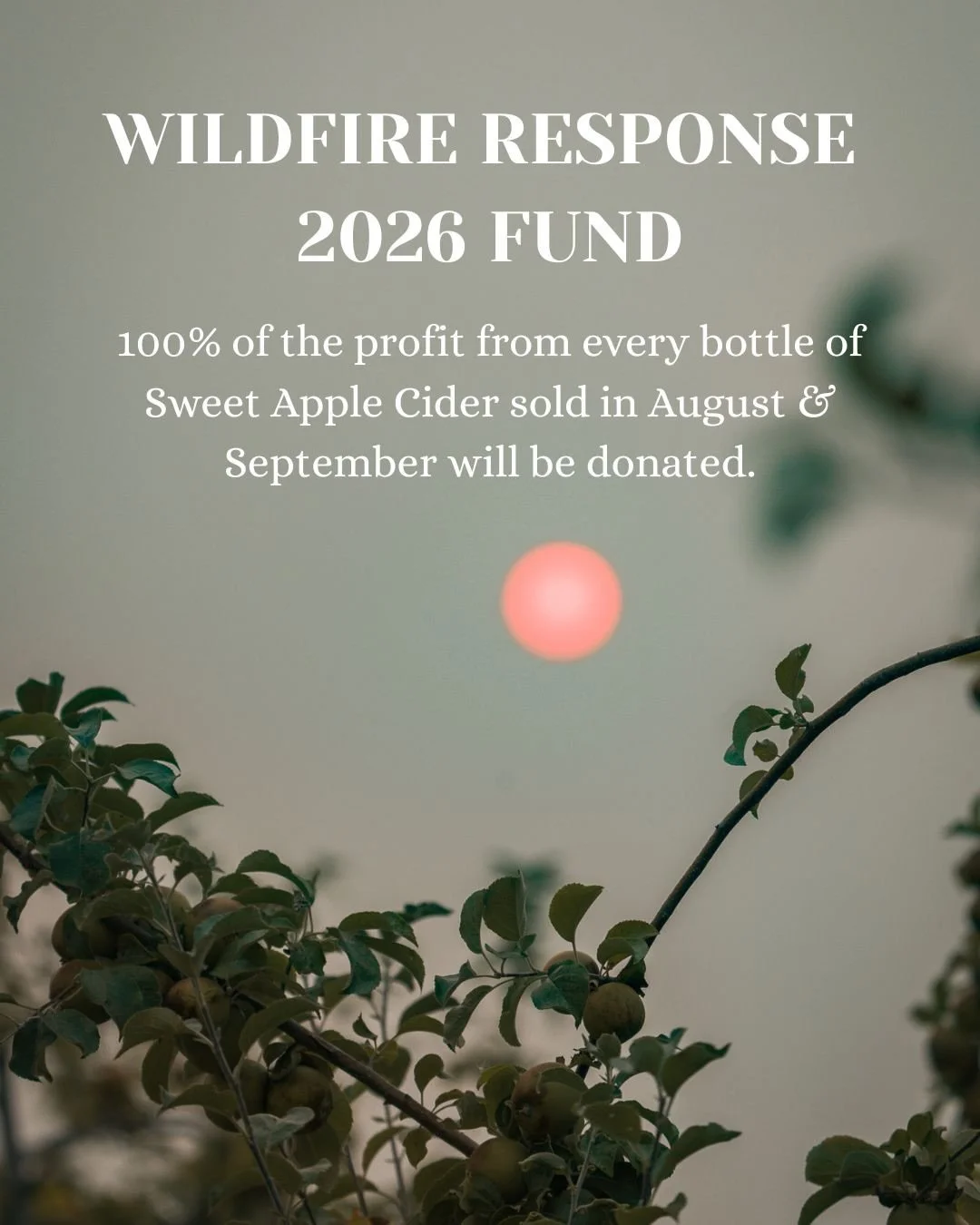 The wildfires affecting the North Okanagan have impacted many people in our community.

Throughout August and September, 100% of the profit from every bottle of Sweet Apple will be donated to the Wildfire Response 2026 Fund, supporting evacuees and f