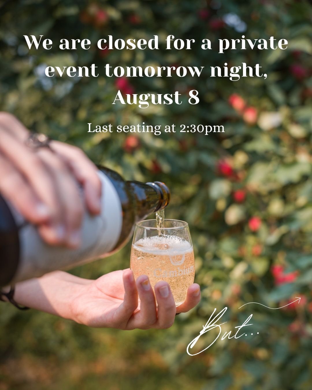 We are CLOSED tomorrow night for a private event - last seating at 2:30pm - but you still can join us for an Orchard Tour at 1pm or 3pm. 
Please book ahead. Ciderhouse tastings remain available at the ciderhouse until 6:30pm. 

Okanagan Ciders Vernon