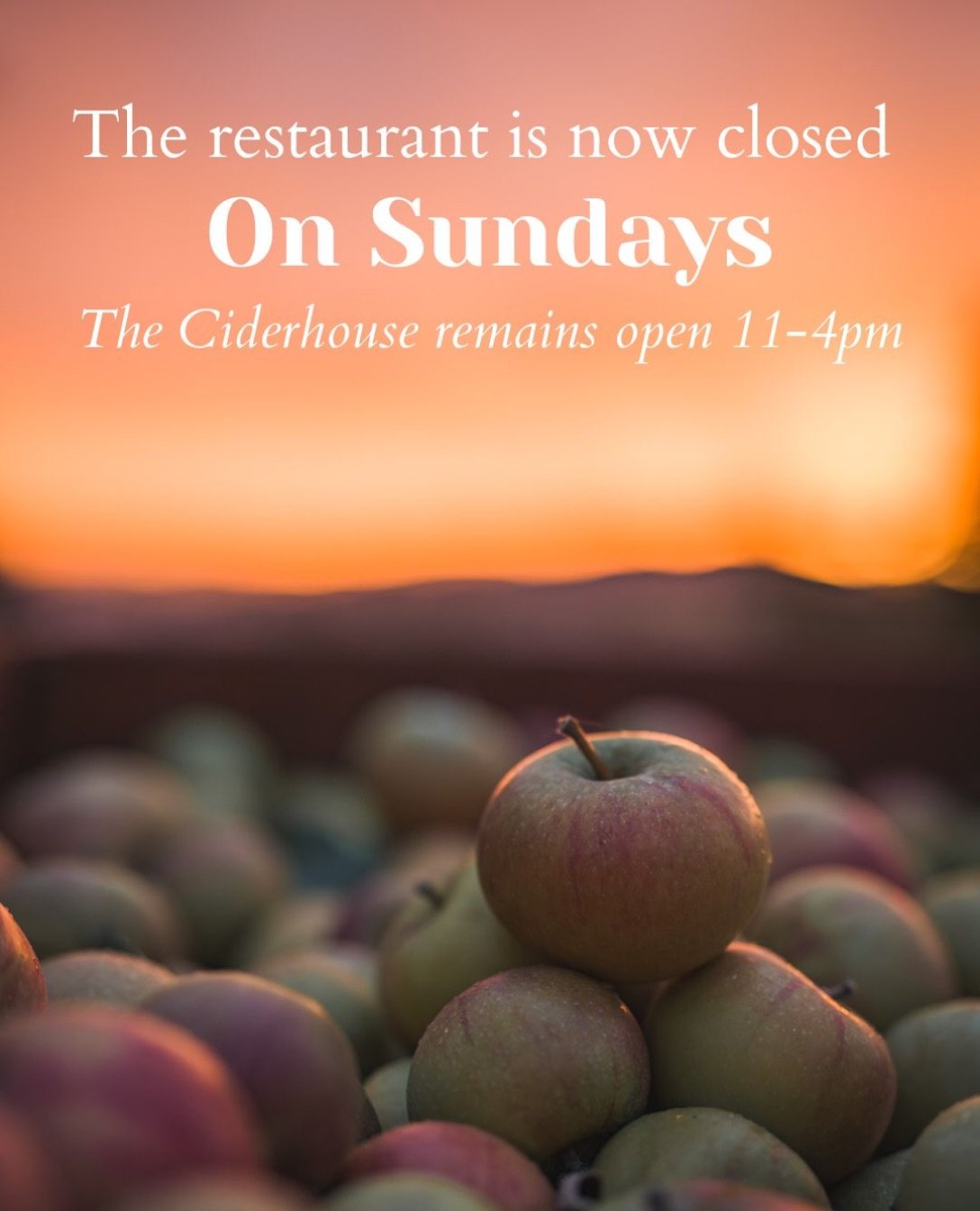 The restaurant is now closed on Sunday. However, the Ciderhouse is still open from 11am-4pm. Perfect for a weekend orchard visit, a little tasting, and some local shopping.

 Okanagan Ciders Vernon BC - Farm to Table restaurant - What to do in Vernon