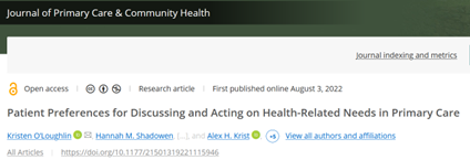 Patient Preferences for Discussing and Acting on Health-Related Needs in Primary Care, Journal of Primary Care and Community Health, August 2022