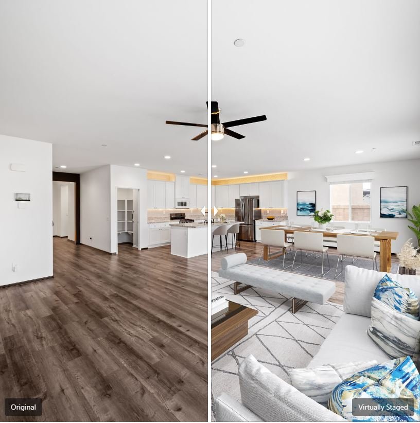 Split-screen comparison of a home interior: left side shows an empty room with dark wood floors and white walls, right side shows a staged living room with furniture, artwork, and natural light.