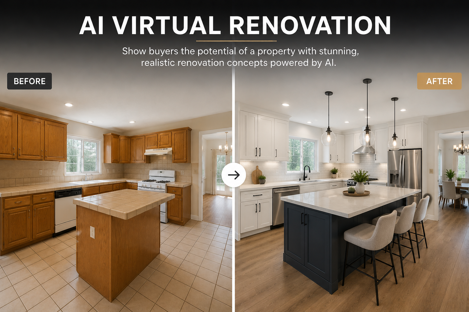 Before and after images of a kitchen renovation, showing a transition from older wooden cabinets and tiled countertops to a modern white and navy kitchen with a large island, pendant lighting, and updated appliances.