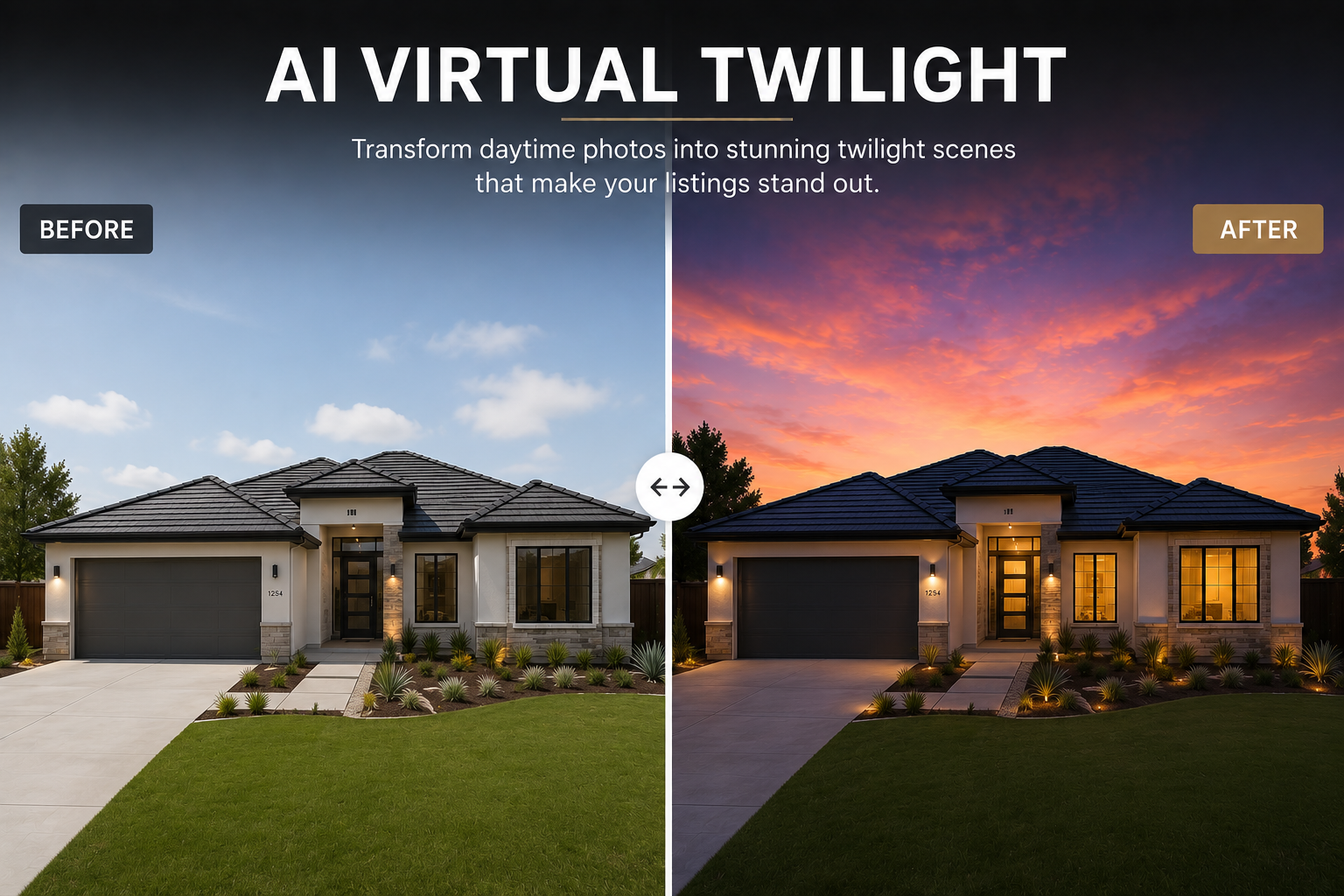 Side-by-side comparison of a house exterior before and after AI virtual twilight enhancement. The left shows daytime with clear sky, and the right displays a sunset with vibrant, colorful clouds.