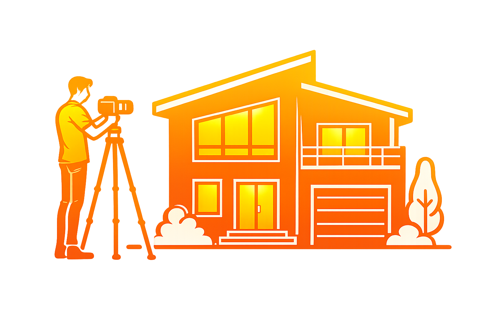 A glowing orange illustration of a house with large windows, a garage, and surrounding shrubbery, with a person using a surveying instrument nearby.