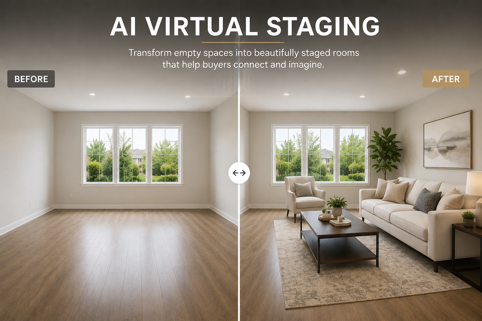 Comparison of a living room before and after virtual staging. Before shows an empty room with hardwood flooring and large windows. After shows the same room styled with a sofa, armchair, coffee table, plants, and wall art, creating a cozy living space.