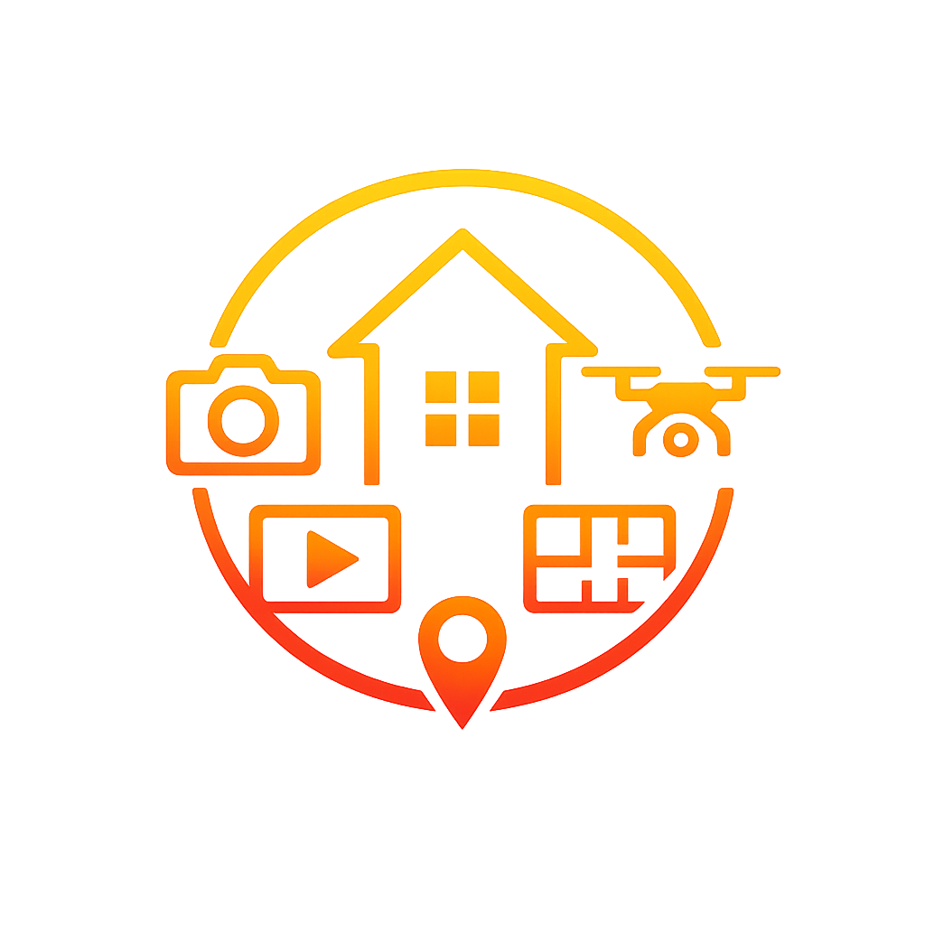 A digital illustration of home automation icons within a circular orange gradient, including a house, camera, drone, video player, sun, temperature, and location pin.