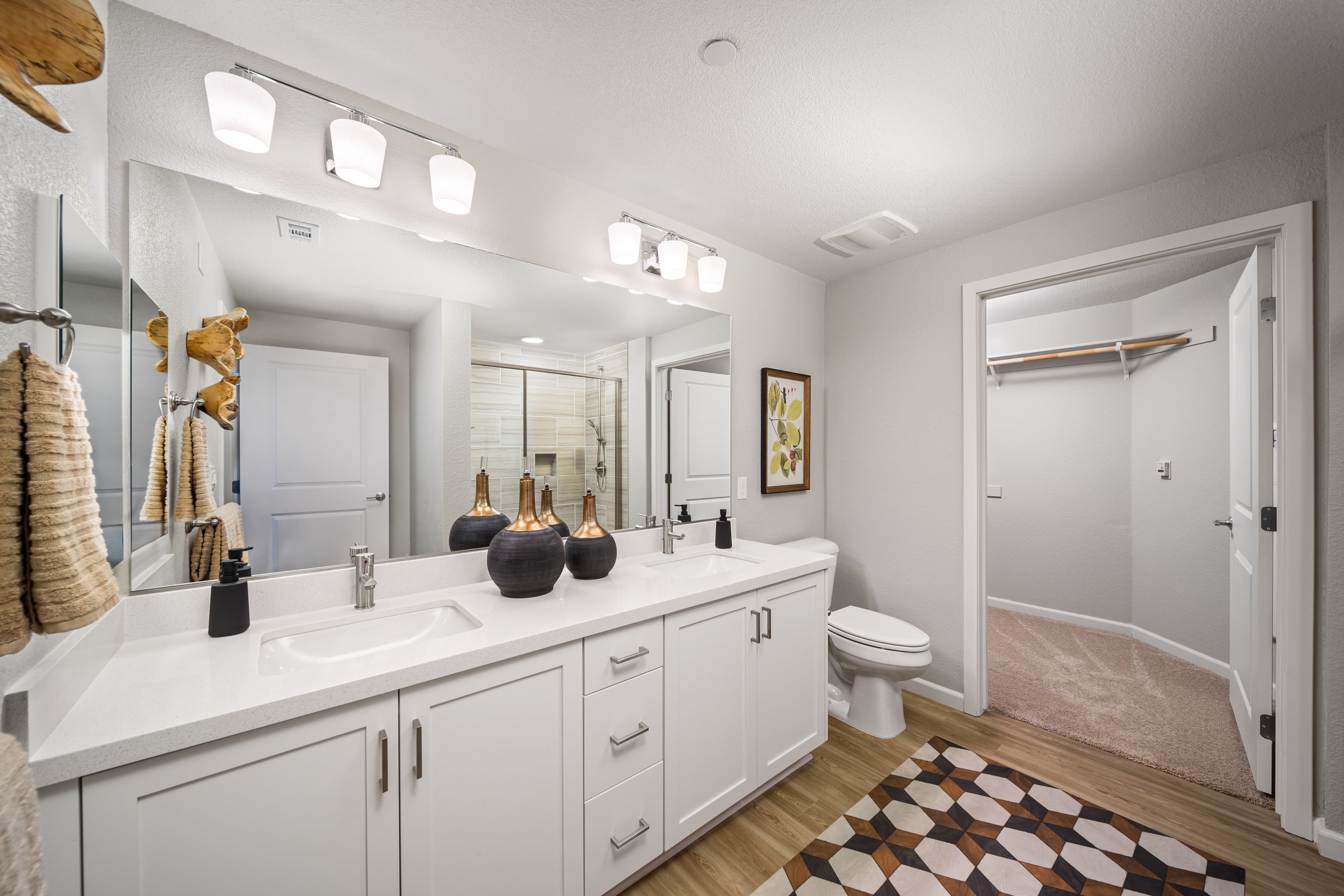 A modern bathroom with a white double vanity, large mirror, decorative vases, and a walk-in shower with glass enclosure. Next to the vanity is an open closet with a beige carpet. The room has wood flooring and a colorful geometric rug.