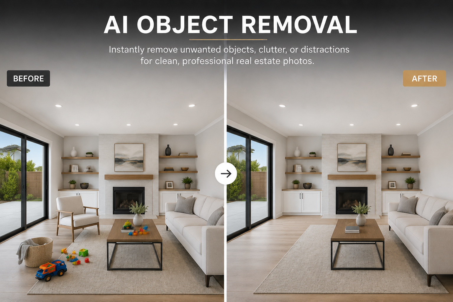 Split screen showing a living room before and after digital object removal. Both sides feature the same room with a white couch, wooden shelves with decor, a fireplace, a glass sliding door, and a beige rug. The before side has children's toys on the floor, while the after side has a cleaner, clutter-free space.