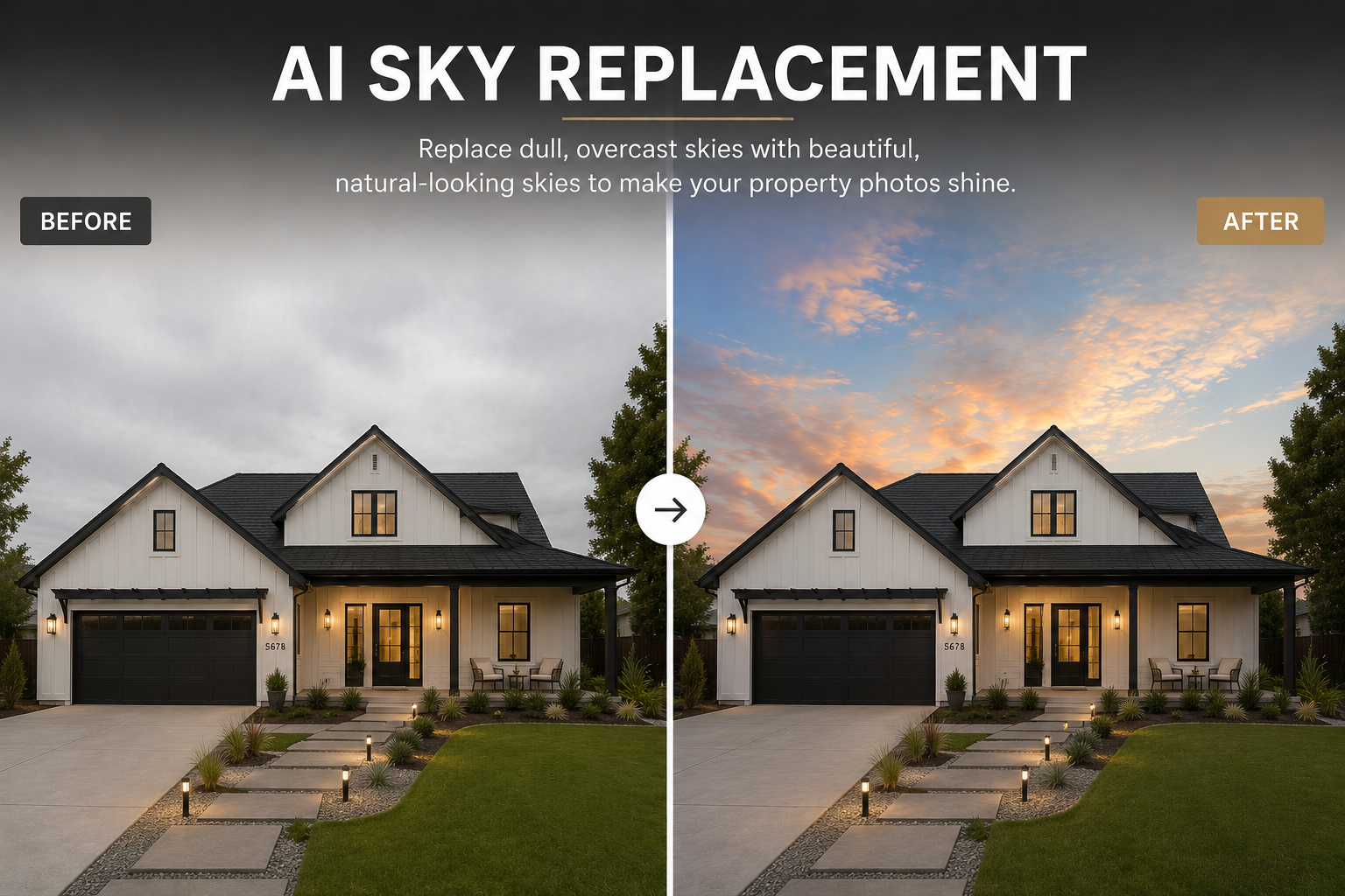 Comparison of a house exterior before and after AI sky replacement, showing an overcast sky in the 'before' image and a vibrant sunset in the 'after' image.