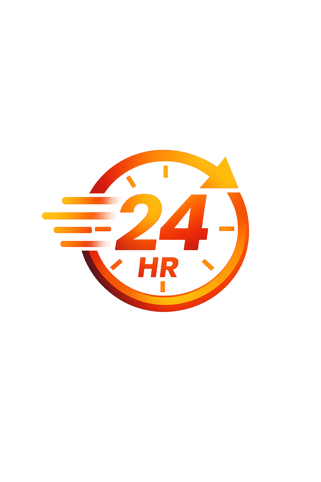 A digital graphic of a 24-hour customer service icon with a clock and arrow, featuring bright orange and yellow colors, and a speed effect.