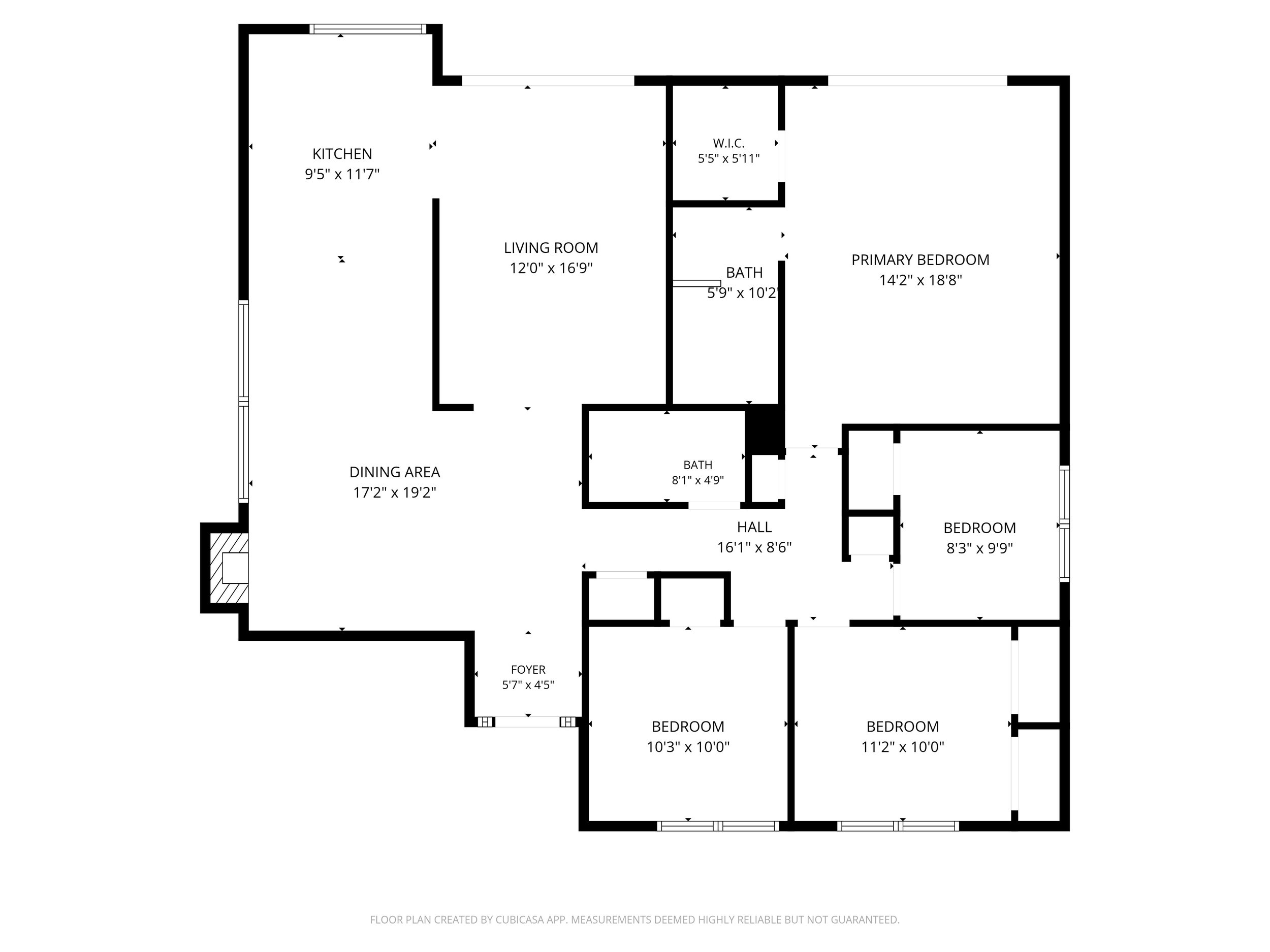Floor plan showing various rooms including two bedrooms, a living room, dining area, kitchen, two bathrooms, a walk-in closet, foyer, and hall, with measurements specified for each room.