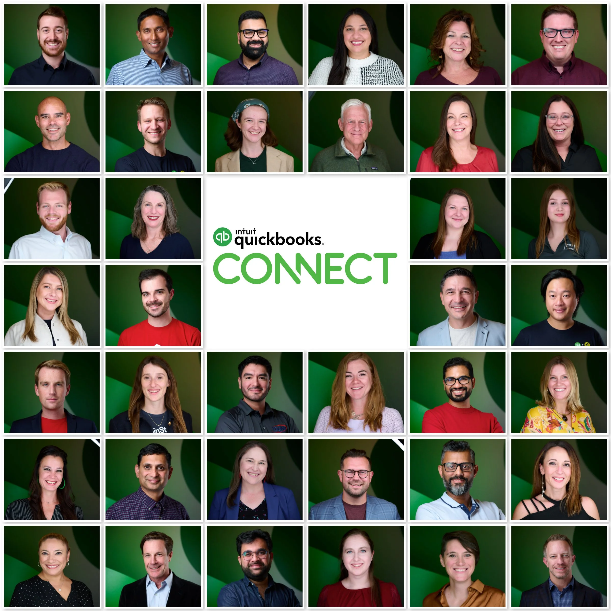 Collage of diverse individuals smiling against a green background, promoting QuickBooks Connect event.