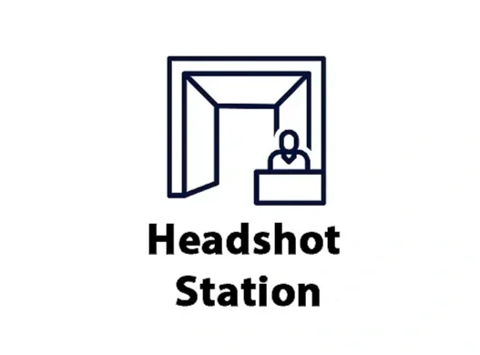 Logo of a recording booth with a person at a headshot station