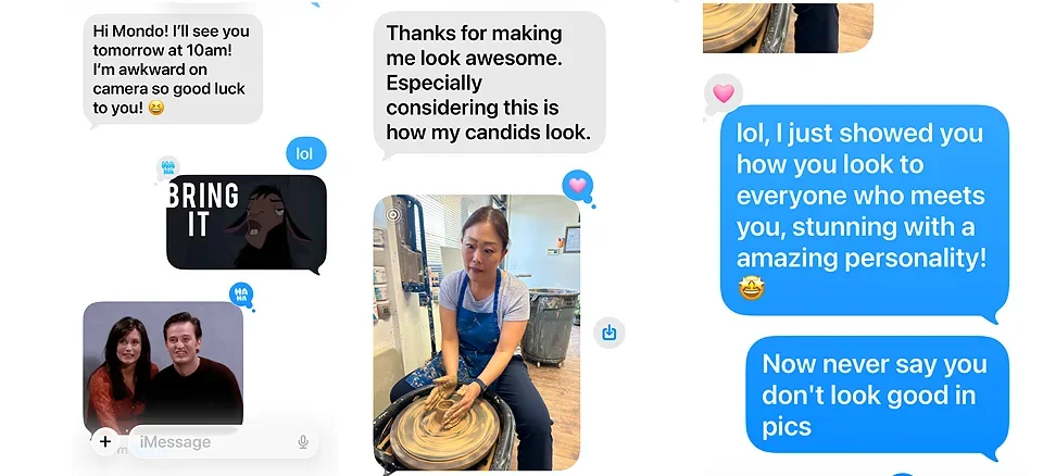 Real client text thread showing camera anxiety before a headshot session and positive reaction after, Pandorica Headshot Studio Las Vegas