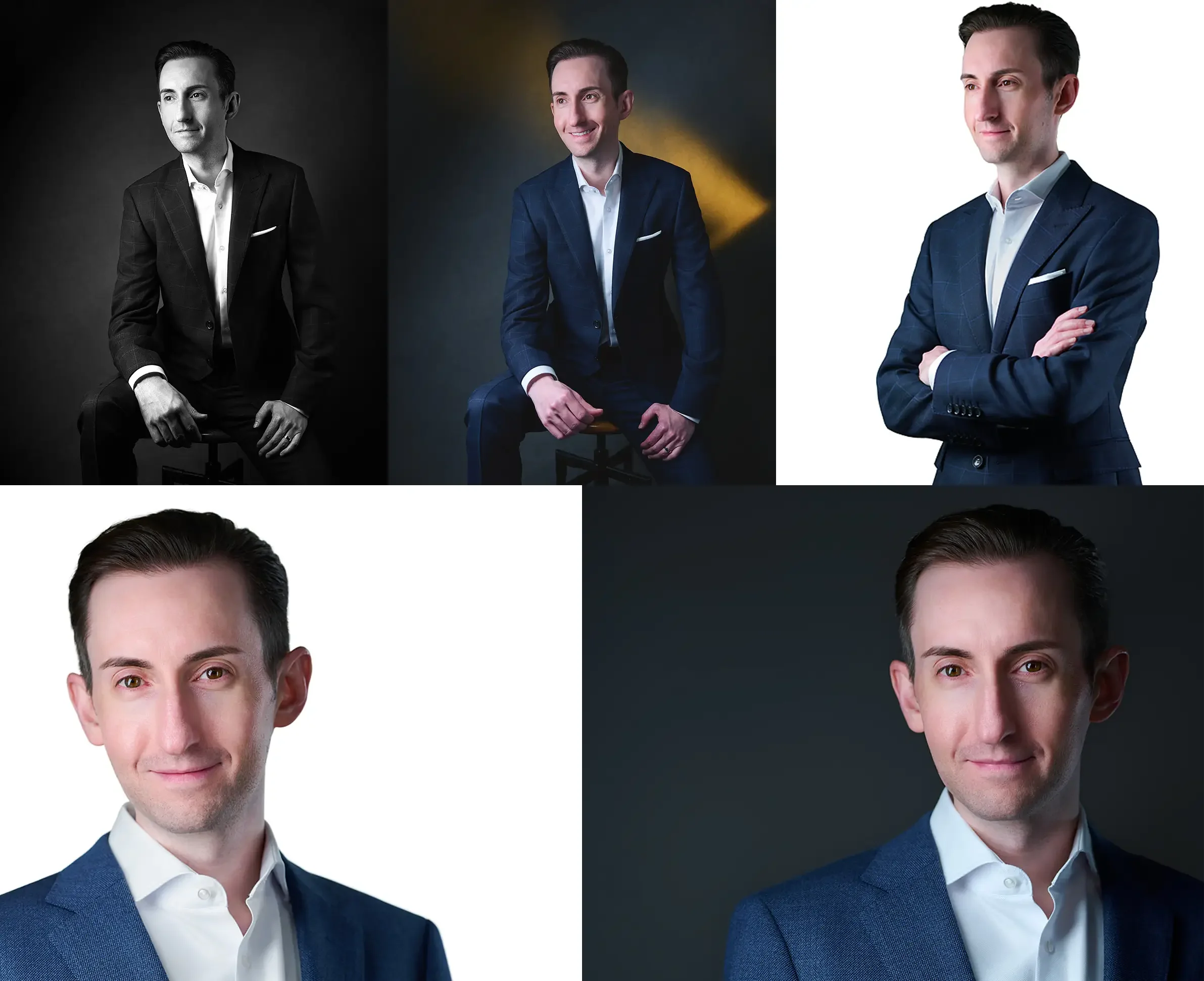 Male attorney professional headshot series featuring editorial, studio, and portrait styles by Pandorica Headshot Studio Las Vegas