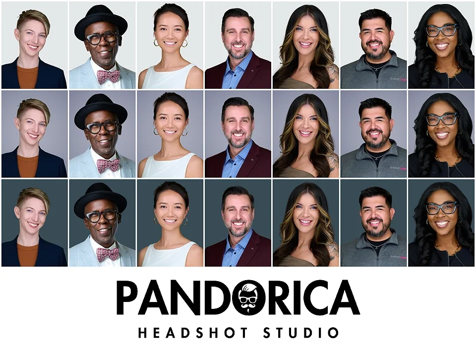 Example photo grid of professional headshots taken at a headshot booth in las vegas showcasing multiple backgrounds. Provided by Las Vegas Pandorica headshot Studio