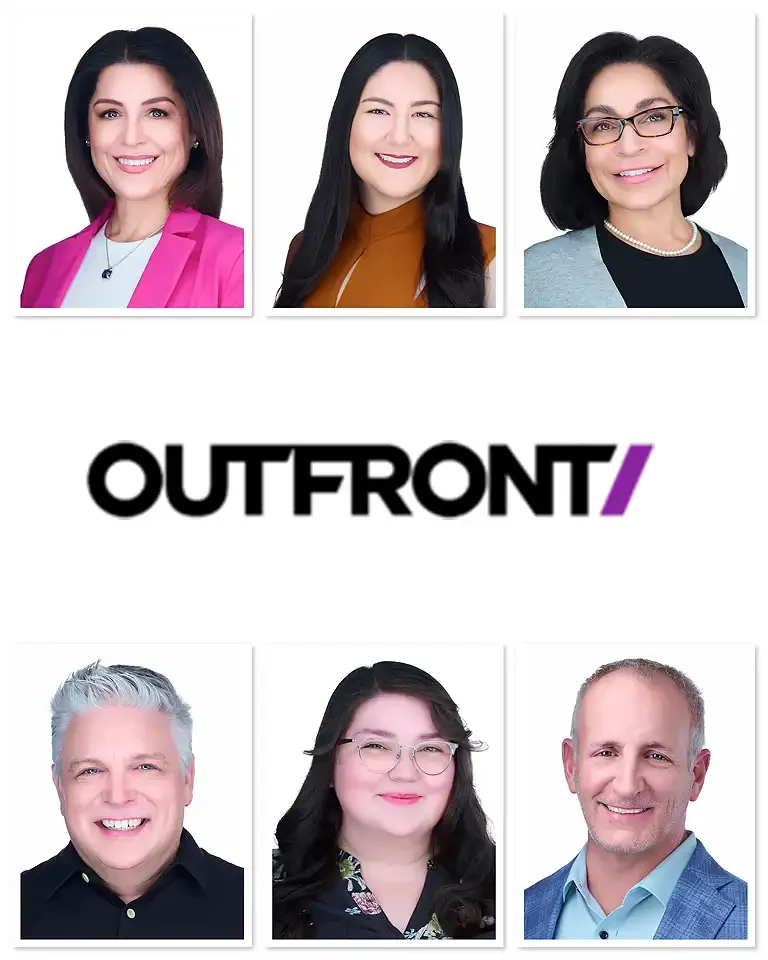 Six professional headshots of Outfront Media team members including three women in colorful blazers and three professionals in dark attire, arranged in a grid with the Outfront Media logo, photographed at Pandorica Headshot Studio in Las Vegas