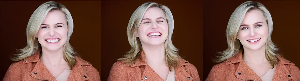 three different images next to each other, one silly face, one laughing, finial image of soft genuine smile-Actor headshot las vegas pandorica headshot studio