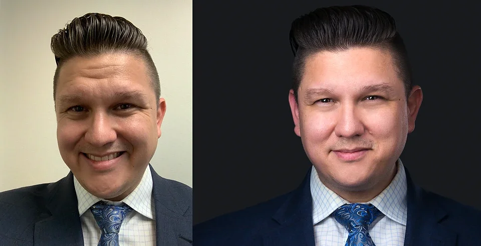 before and after image of mondo rojas, one with pro lighting and other without-pandorica headshot studio las vegas corporate headshot