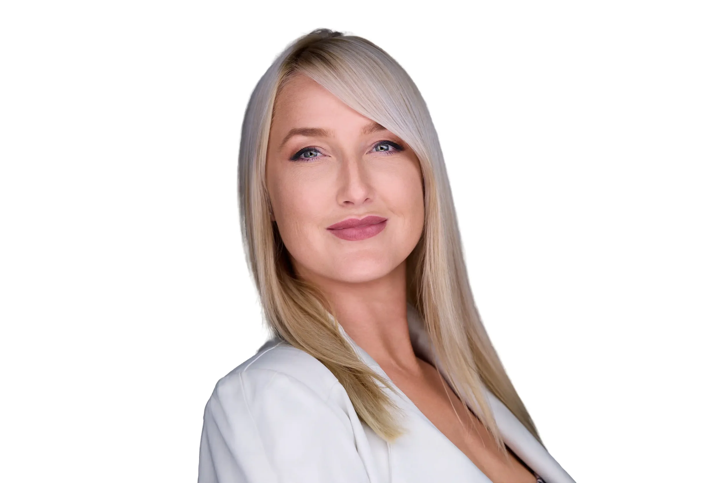 A woman with blonde hair and blue eyes smiling, wearing a white blazer, against a white background.