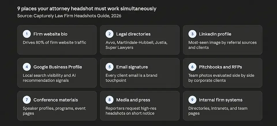 Infographic showing the 9 places attorneys need a professional headshot including firm website, legal directories, LinkedIn, Google Business Profile, email signature, pitchbooks, conference materials, media placements, and internal firm directories