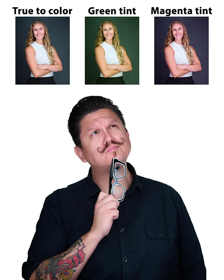 mondo rojas looking up at three images of the same person but different color qualities-professional branding-pandorica headshot studio las vegas