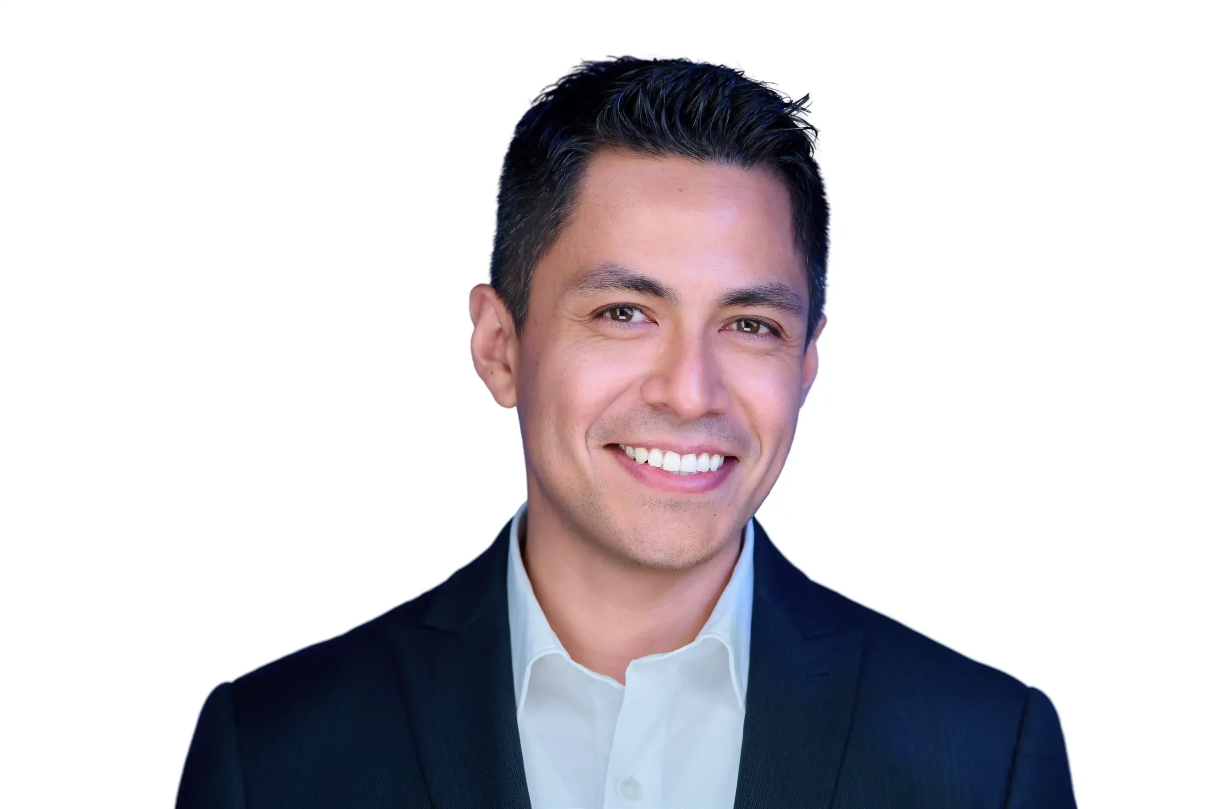 A smiling man wearing a white shirt and dark suit against a plain white background.